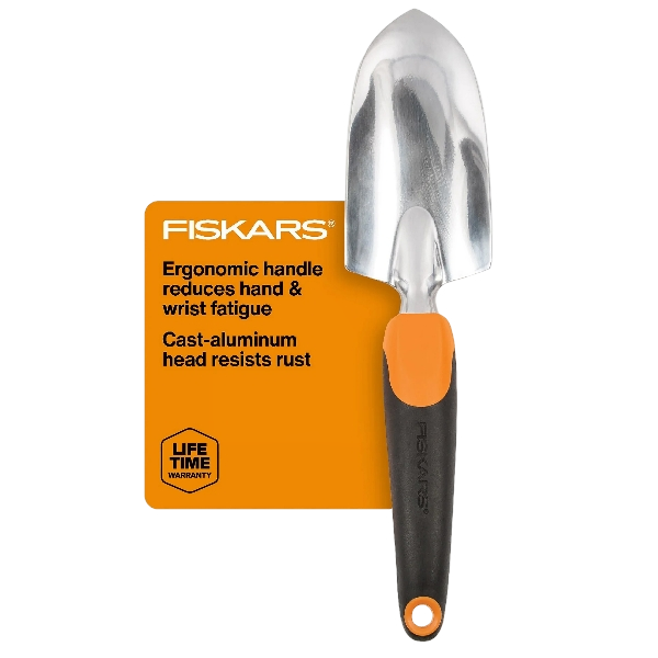 Fiskars 12.25″ Cast Aluminum Headboard, Ergo Flower Bed Throel, Includes Hanging Hole, Black and Orange