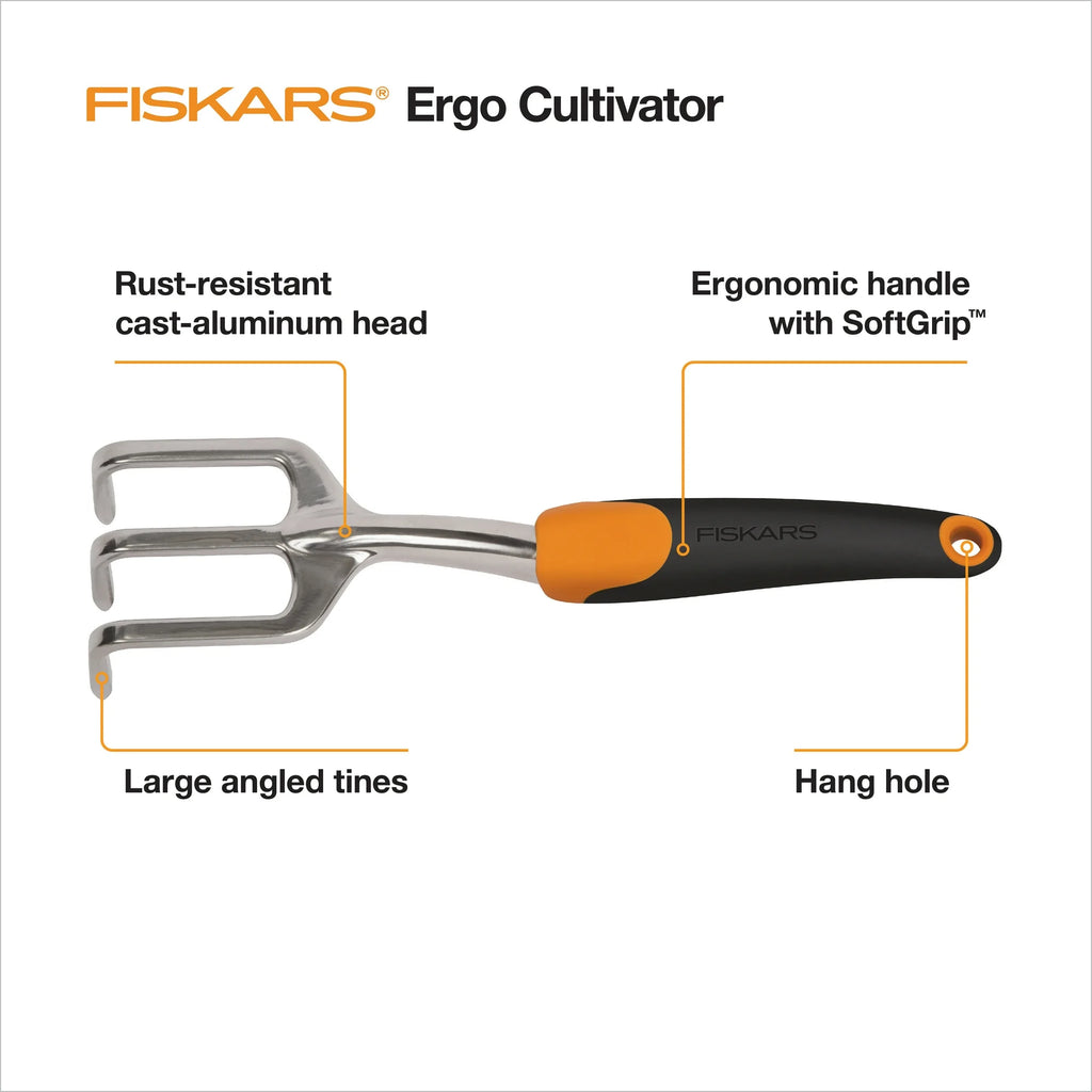 Fiskars Ergo Cultivator Garden Tool with Aluminum Head and Ergonomic Handle, 0.56 lbs, Orange