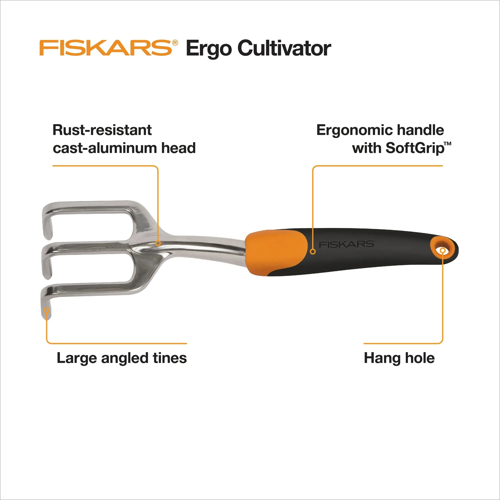 Fiskars Ergo Cultivator Garden Tool with Aluminum Head and Ergonomic Handle, 0.56 lbs, Orange