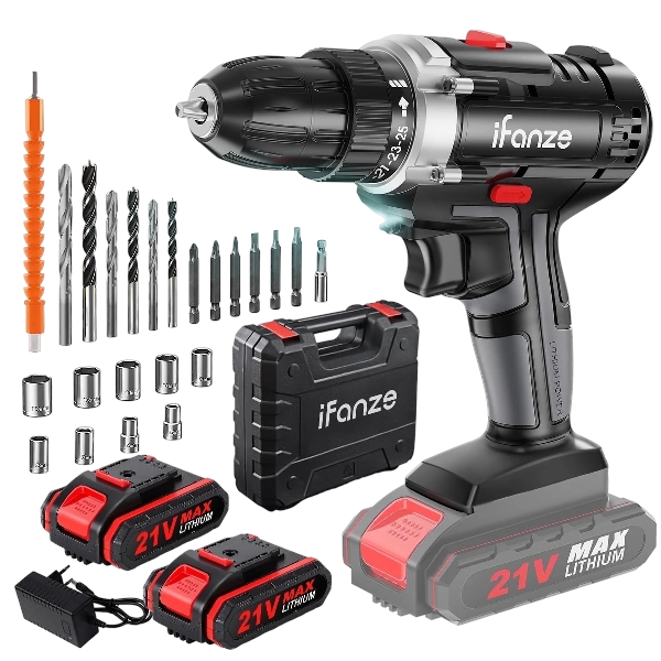 21V Cordless Drill Driver Set 3/8 Inch Electric Drill Driver with 2 Battery Rapid Charger, 2 Variable Speeds, Built-in LED, Electric Drills for Drilling and Tightening/Loosening Screws