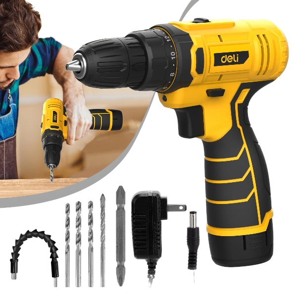 Deli 12V Max Lithium-Ion Cordless Drill Driver Set, Electric Screwdriver Driver Tool Kit, 3/8″ Keyless Chuck, with 2.0Ah Battery, Charger
