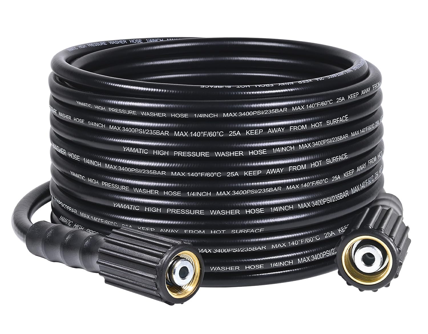 YAMATIC Pressure Washer Hose 25FT x 1/4", 3400 PSI Kink Resistant OEM-Quality Upgrade Power Washer Replacement/Extension with M22-14mm Brass Fittings for Ryobi, Troy Bilt, Greenworks, CRAFTSMAN