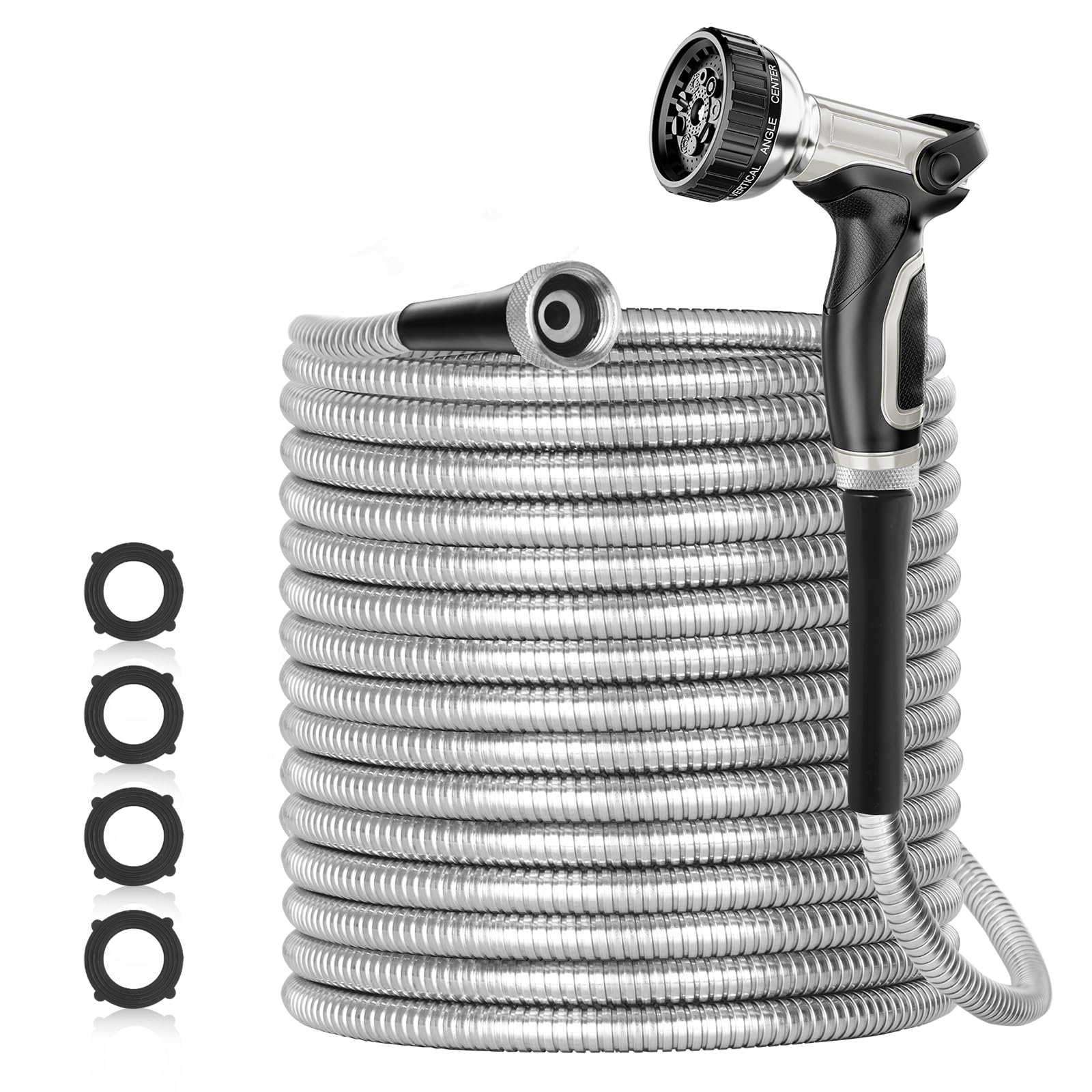 SPECILITE 25ft 304 Stainless Steel Garden Hose Metal, Heavy Duty Water Pipe with Nozzles for Yard, Outdoor - Flexible, Never Kink & Tangle, Puncture Resistant (Sliver)