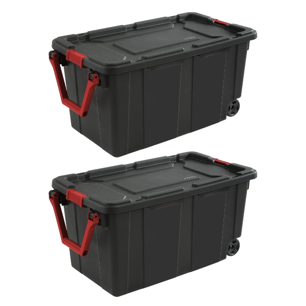 Home  Outdoor Storage & Covers  Sterilite Extra Large Storage Bin, 40 Gallon Rolling Plastic Storage Container with Handle, Black, 2 Pack